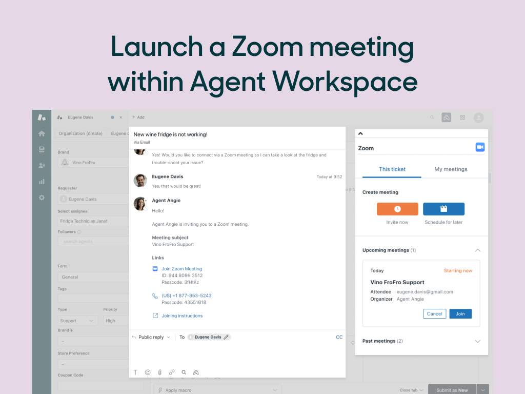 Zoom Meetings by Faye dashboard view — Contact Center app on the Zendesk Marketplace