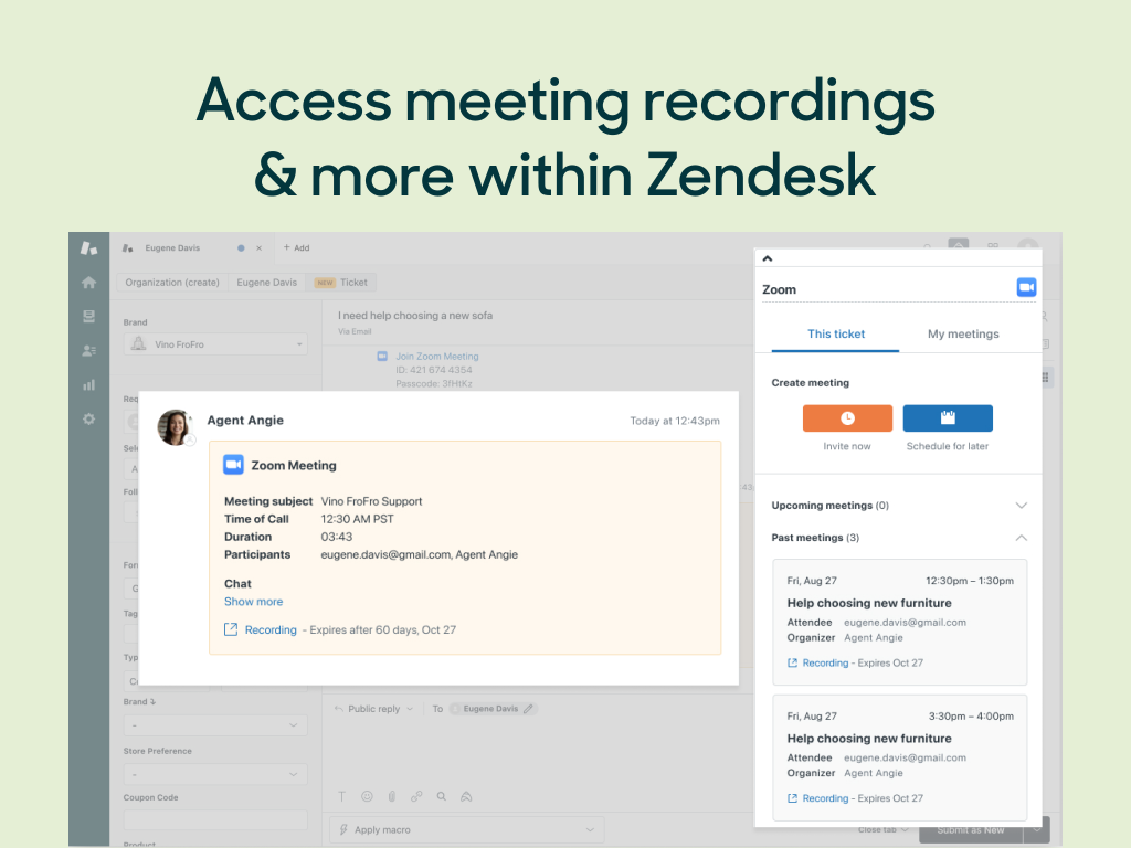 Zoom Meetings by Faye feature detail — Contact Center app on the Zendesk Marketplace